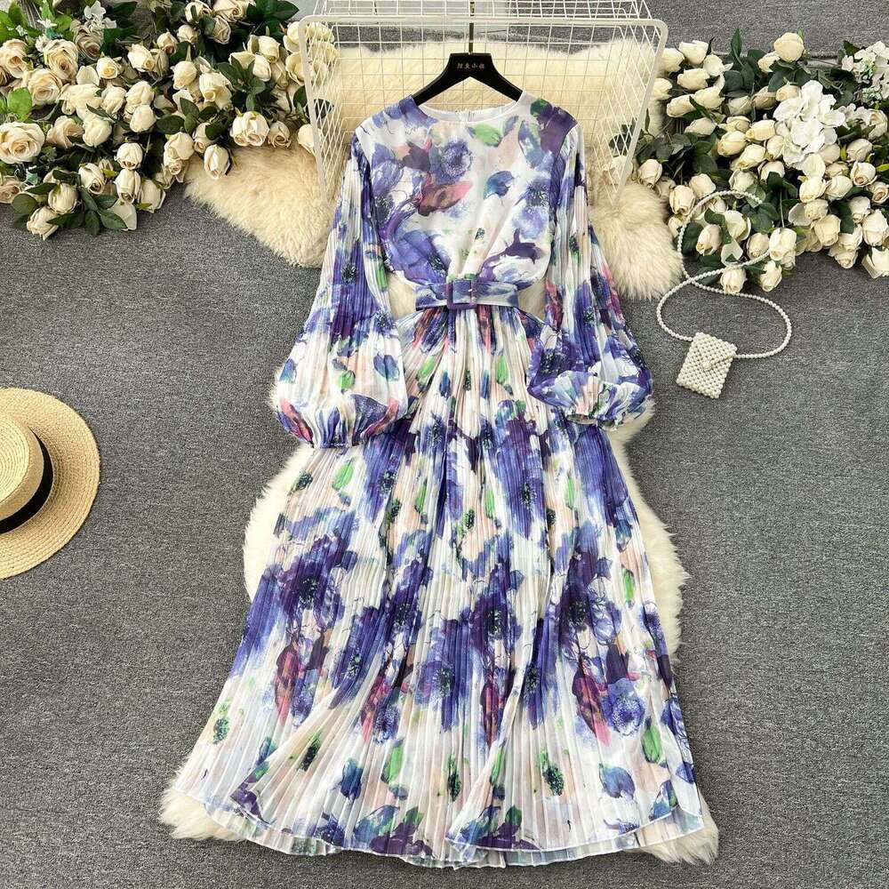 French Kikyu Skirt Spring 2024 New Heavy Industry Pressed Bubble Sleeves Slim Fit Mid Length Hundred Pleated Chiffon Dress Bifurcated Waist Denim Dres