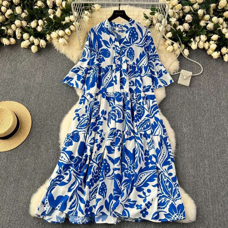 Large Size Womens Clothing, Lazy Loose Printed Dress, Westernized Style, Age Reducing, Slimming Temperament, Covering Flesh and Sagging Feeling, Long 