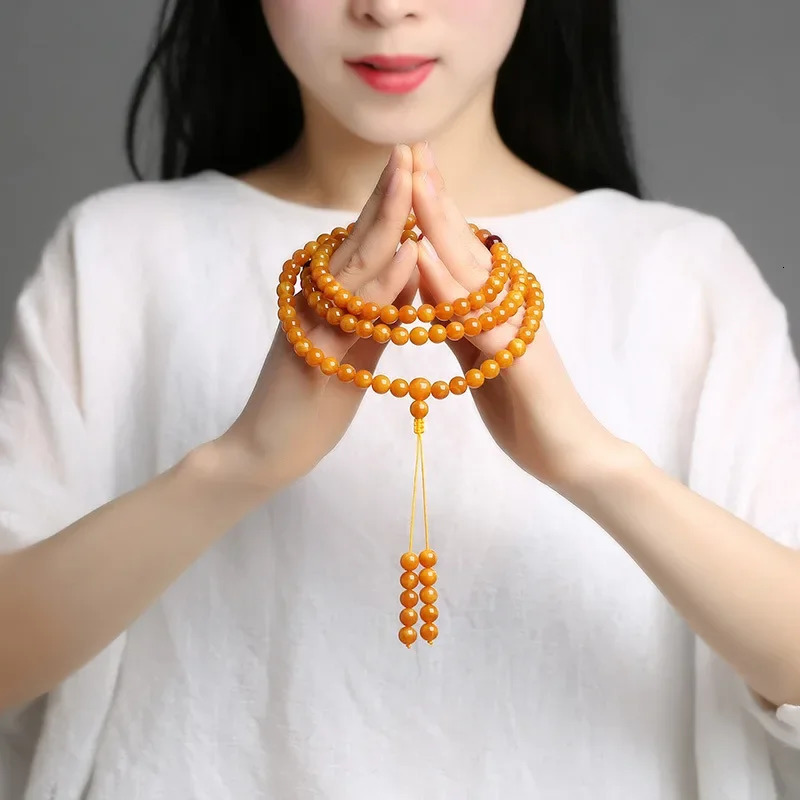 Myanmar Old Beeswax Circle 108 Beads Original Mineral Beeswax Amber Original Stone Necklace Mens and Womens Hard Bracelet 240710