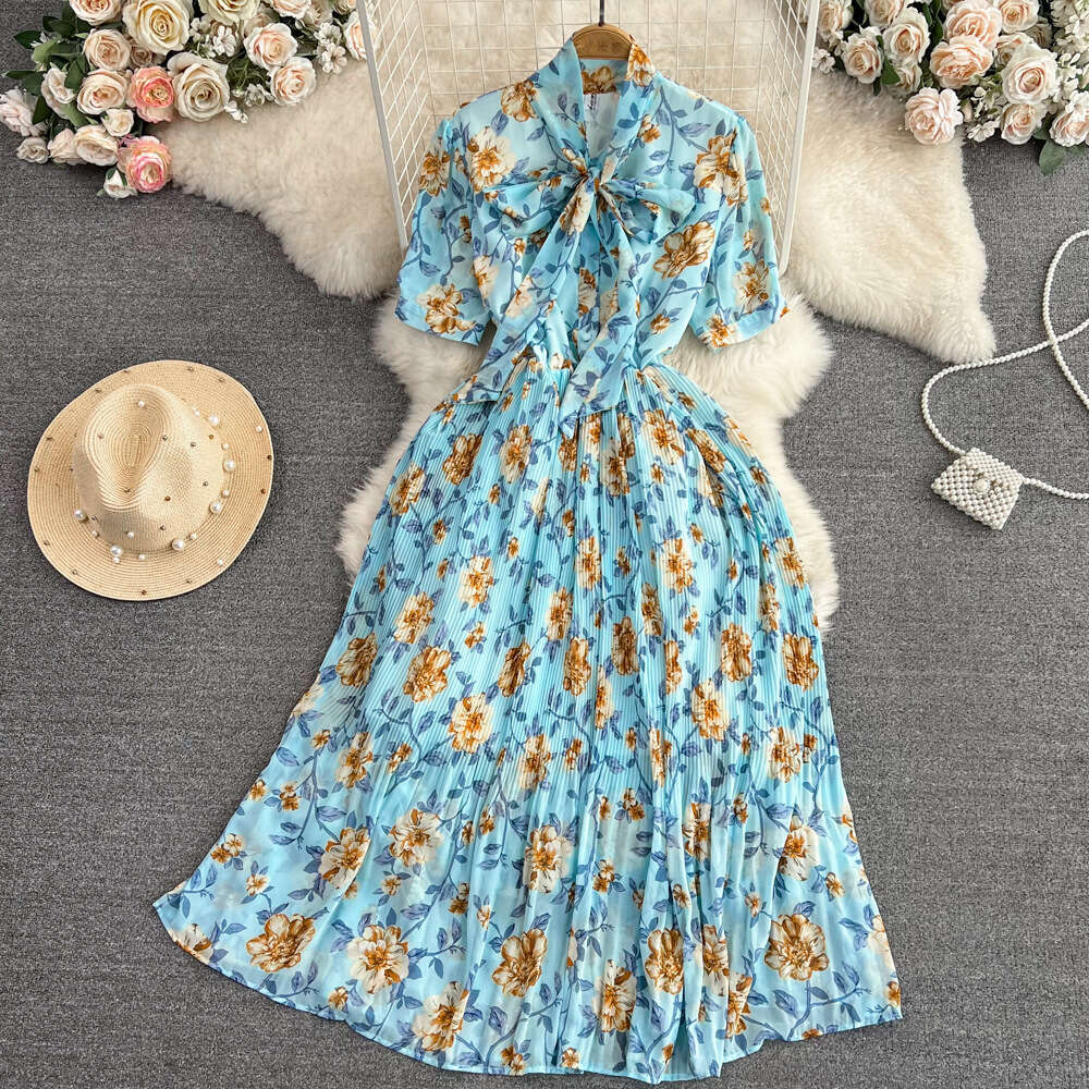 French First Love Sweet Short Sleeved Bowtie Tie Waist Slimming Mid Length A-line Pleated Flower Dress Waist Short Loose Temperament Pregnant Womens D