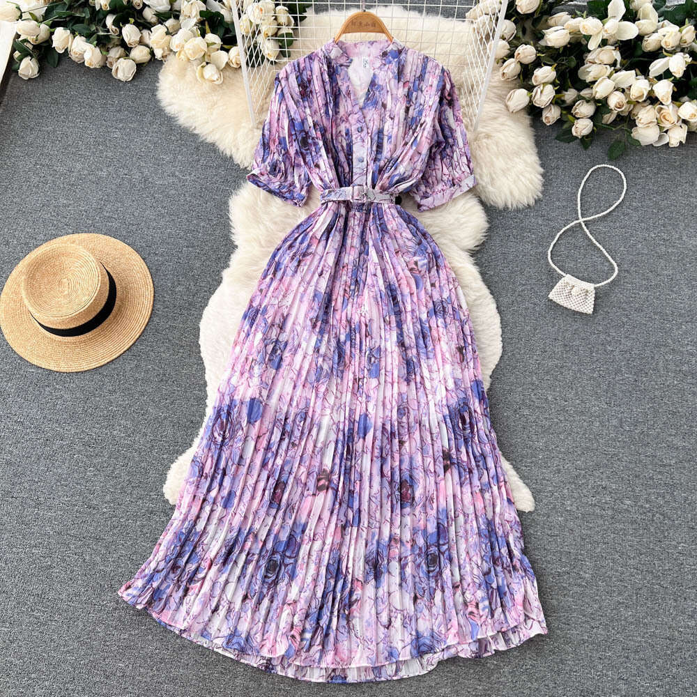 French Waistband with Slimming Design and A Small Crowd Pressure Pleated Bubble Sleeve Dress for Womens Clothing Korean Style Floral Long Skirt Oversi