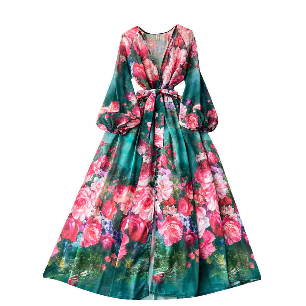 Fanhua Series Sexy Deep V-neck Buckle Tie Waist Long Version Dress, Niche Print Chiffon Vacation Dress Sexy Temperament Oversize Dress SKINNY DRESS