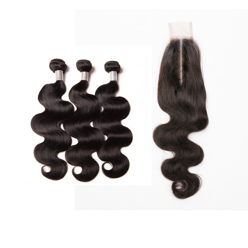 Peruvian Human Hair 3 Bundles With 2X6 Lace Closure Body Wave 4 PCS/lot Middle Part 10-30inch Natural Black