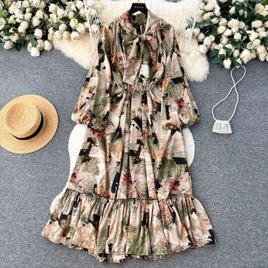 Gentle Style Tea Break Skirt with A High-end Feeling, Bow Tie, Lantern, Long Sleeves, Waist Cinching, Slim and Ruffled Edge Dress for Women Silk Dress