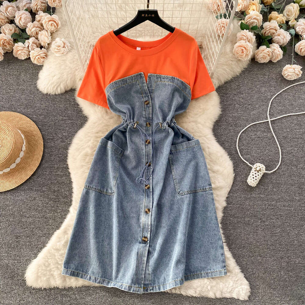 Korean Version of Emperamen and Age Reducing Vacaion Wo-piece Dress for Womens French High-end Round Neck Shor Sleeved Pachwork Waisband Denim Long