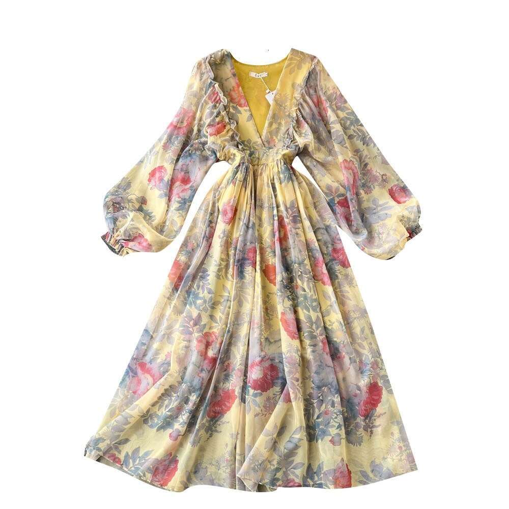Vacation Style Deep V Lantern Sleeve Pleated Long Skirt in Early Spring Style, New Tea Break French Oil Painting Dress Waist Temperament SKINNY DRESS 