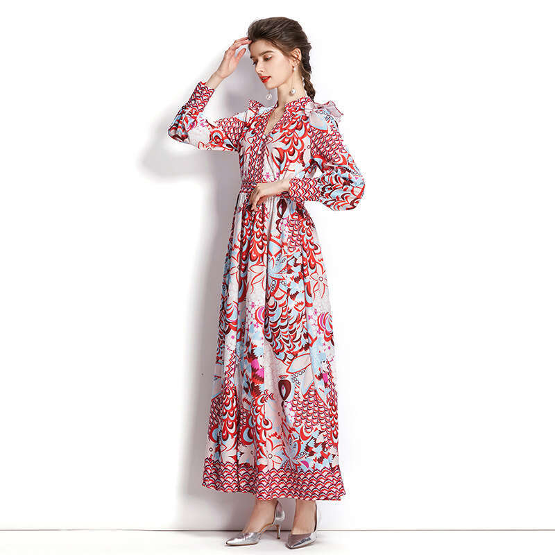 Spring Autumn Seasons Womens Clothing Slim and Elegant V-neck Sleeved Printed Flare Long Dress Self-cultivation Bifurcated Novelty Denim Dress SKINNY 