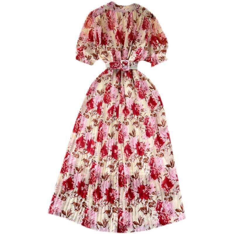Summer New Sweet Print Round Neck Short Sleeved Dressed Waist for Slim Appearance with Wooden Ear Edge Wrinkles and Large Beach Display Waist SKINNY D