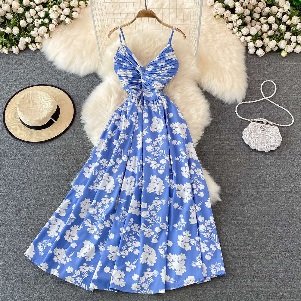 Sanya Bali Maldives Skirt Super Immortal Beach Vacation Big Swing Long V-neck A-line Strap Dress Loose Short Self-cultivation Waist BOHO DRESS Round N