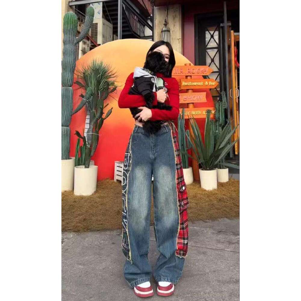 Jeans 2024 New Style Personalized Splicing Letter Plaid Wide Leg Beggar Pants for Women Japanese Harajuku Breathable Plaid Trousers Bound Feet Men Pan