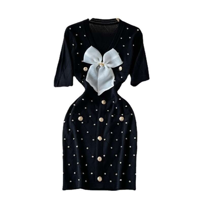 Summer New Small Fragrant V-neck Short Sleeved Single Breasted Bow Tie Heavy Industry Nail Bead Knitted Hip Wrap Dress Novelty Self-cultivation Oversi