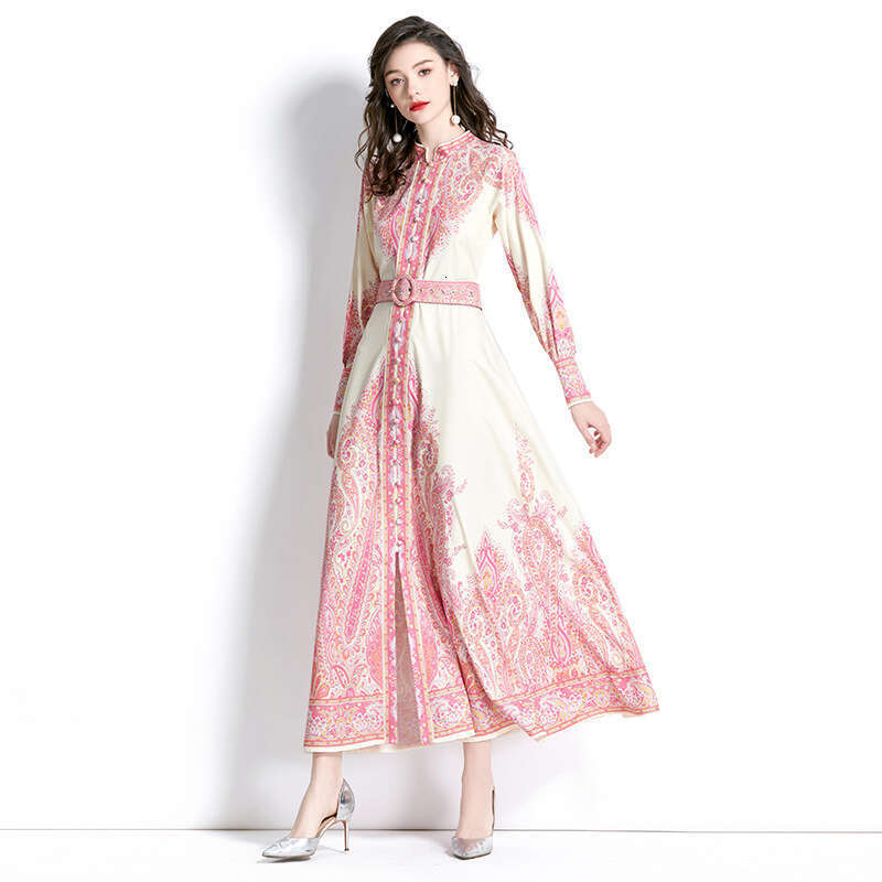 2023 Spring Womens Elegance Sleeved Palace Vacation Style Standing Neck Lantern Sleeves Long Printed Dress Self-cultivation Temperament Sexy High Wais
