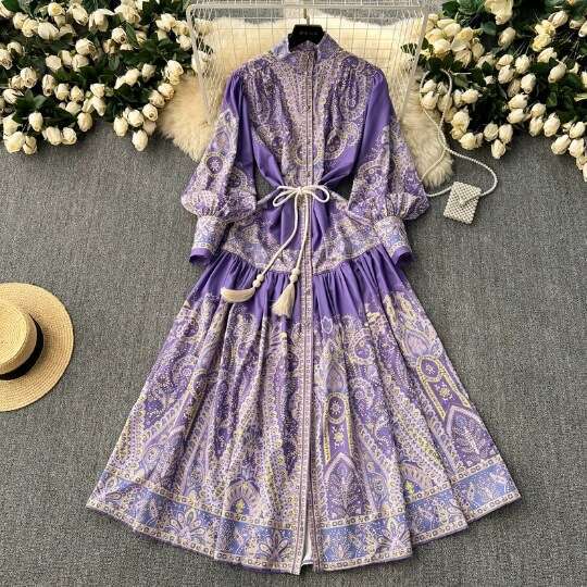 New Elegant and Ethnic Style Standing Neck with Single Breasted Waist for Slimming Print French Long Womens Dress Temperament Sexy Denim Dress BOHO DR