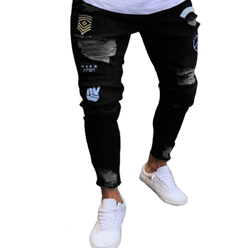 Designer men's jeans LHC465 cross-border European and American badge jeans knee zipper tight pants hole men's jeans