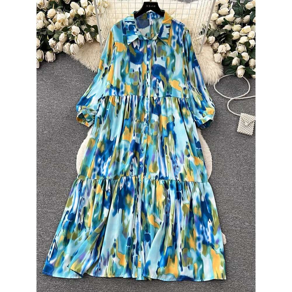 Small High-end Feeling Halo Dyed Printed Dress for Women, Lazy, Casual, Loose and Slimming A-line Large Hem Shirt Skirt Pregnant Womens Dress SKINNY D
