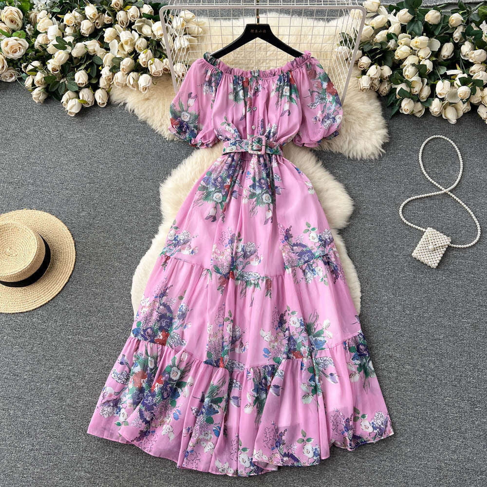 French One Shoulder Fragmented Flower Dress Womens Summer New Elegant and Stylish Slim Bubble Sleeves Super Immortal Chiffon Bifurcated BOHO DRESS