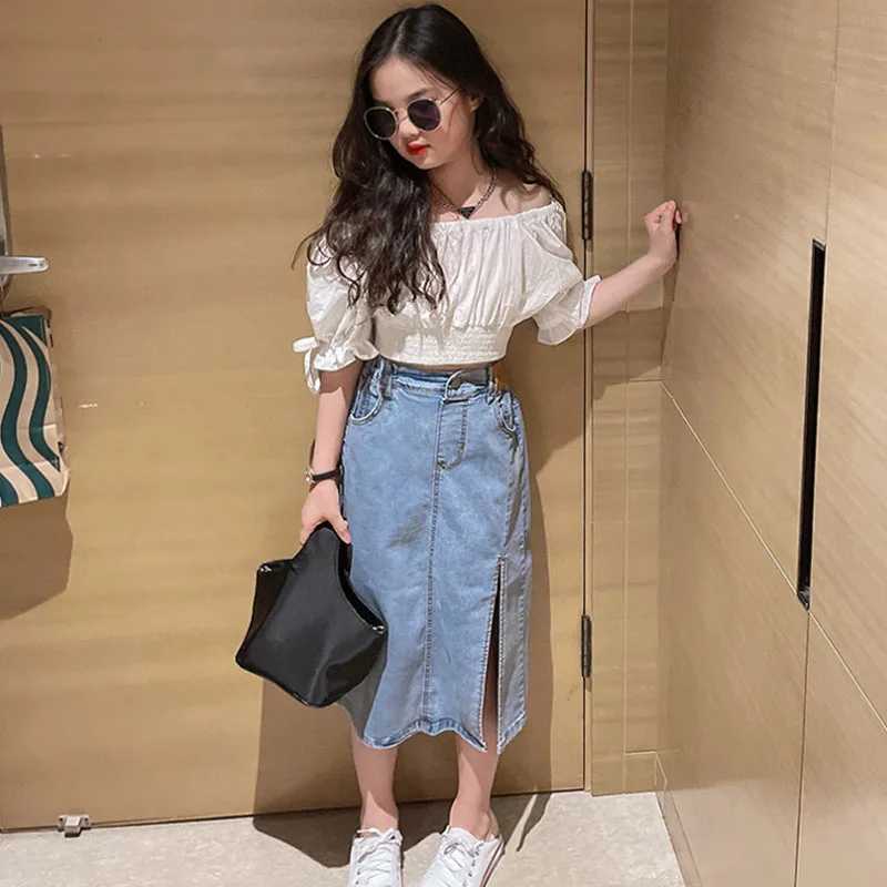 Clothing Sets Clothing Sets 2024 New Summer Girls Fashionable Set Big Childrens Clothing Off Shoulder Doll Shirt+ Split Denim Skirt 4-13 Y