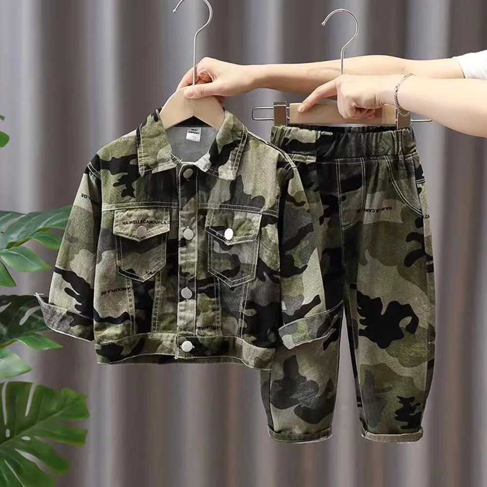 Clothing Sets Boys Spring and Autumn Cowboy Set 2024 New Boys Camouflage Clothing Small and Medium sized Cowboy Two Piece Set Kids Outfits