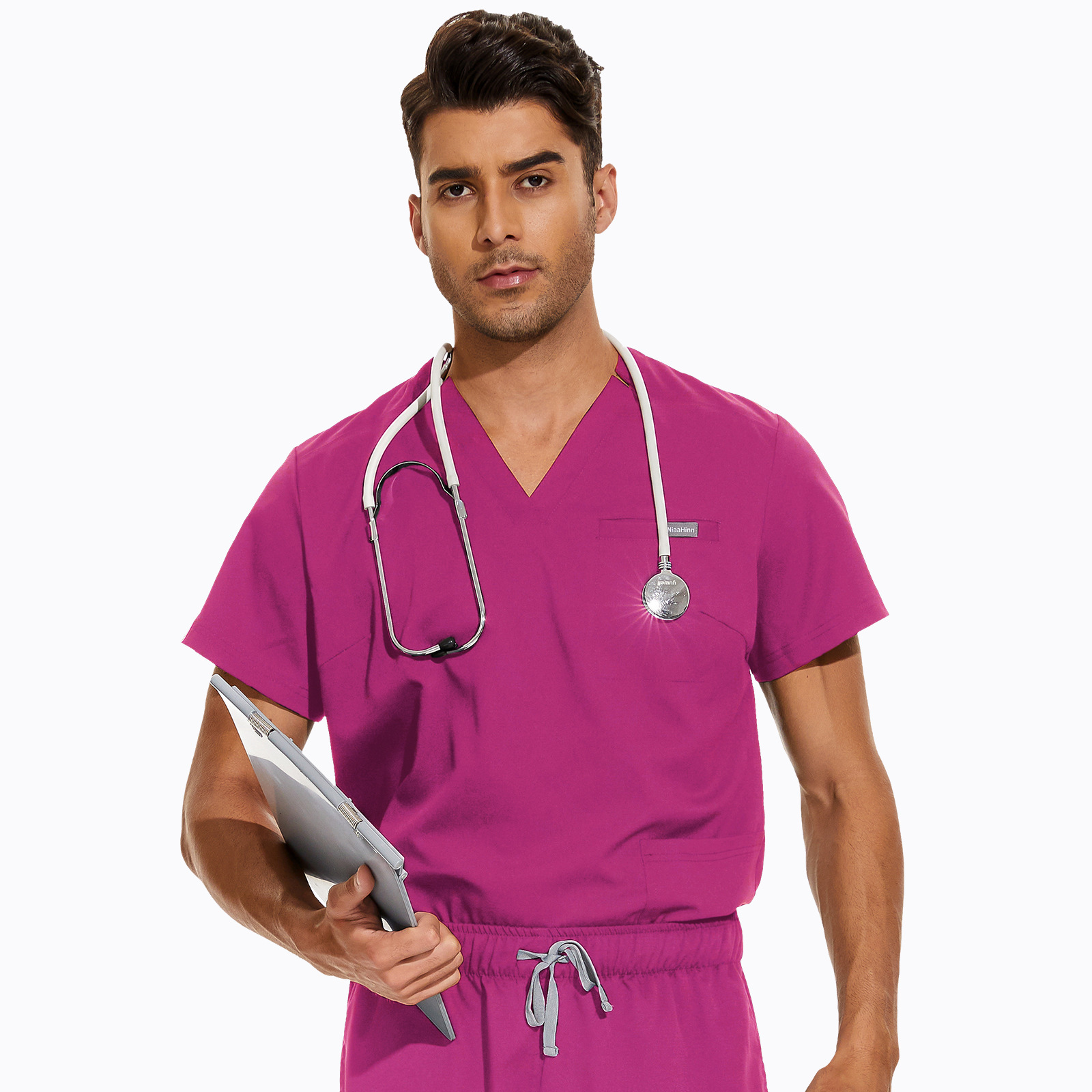 Large size V-neck hospital nurse uniform set for women's Korean version hand sanitizer short sleeved unisex doctor F717#38 ddmymarket