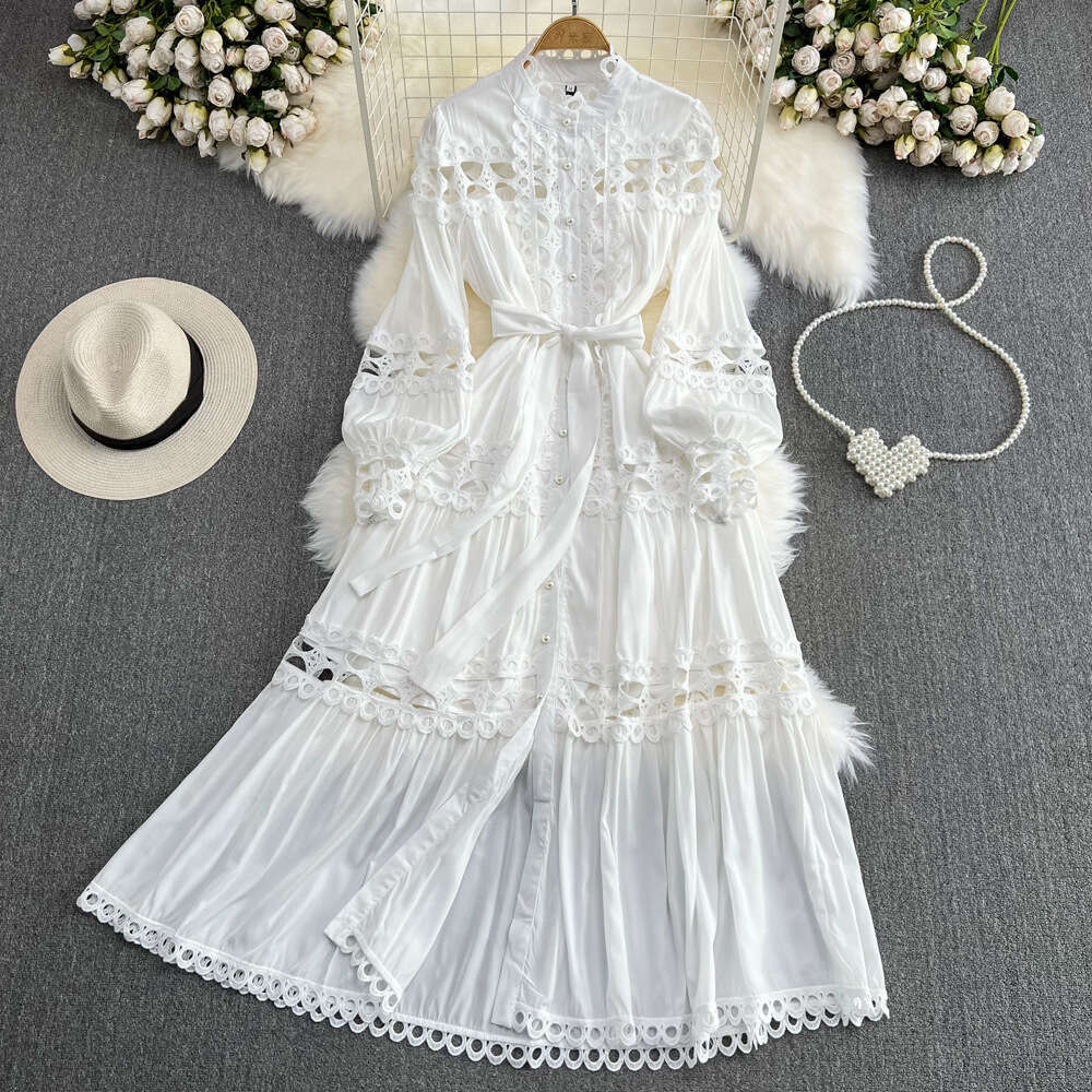 Palace Style Lantern Long Sleeved Stand Up Collar with Waistband Hollowed Out Single Breasted Elegant Dress Waist Self-cultivation Short Loose BOHO DR