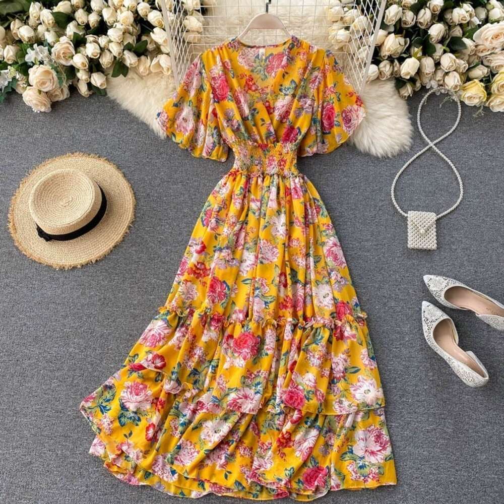 T Typhoon Beautiful Dressv Neck Ruffle Edge High Waist Slim Fit Large Hem Printed Fairy Dress Loose Sexy Waist Bifurcated Short Round Neck Dress SKINN