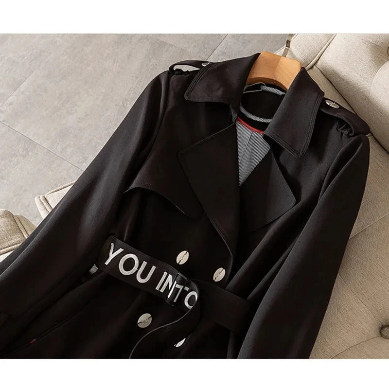 Spring Autumn Casual Women Mid-length Trench Coat With Letter Embroidery Sashes Double-breasted Lapel Female Windbreaker Outwear 240716