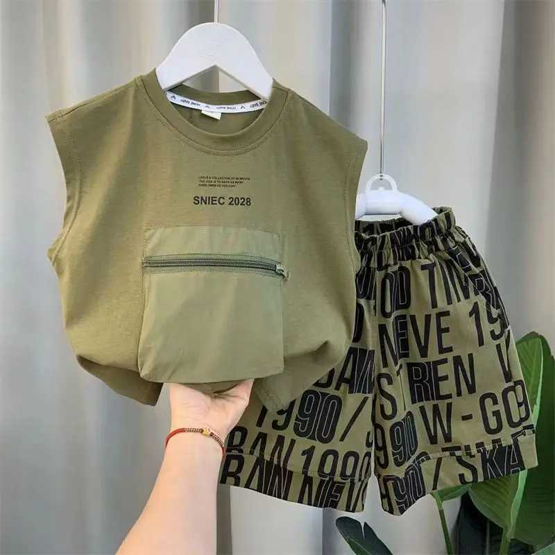 Clothing Sets Boys Summer Vest Set 2024 New Western Fashion Baby Summer Sleeveless Clothing Childrens Handsome Two Piece Set 23 5 7 9Y