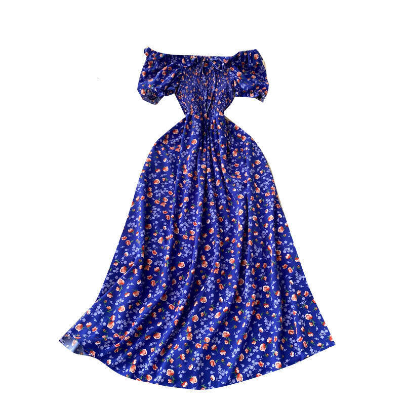 Little Fresh French Fairy Fragmented Flower with High Drawstring and Folded Waist for Slimming Big Swing Long Dress Waist Short Oversize Dress