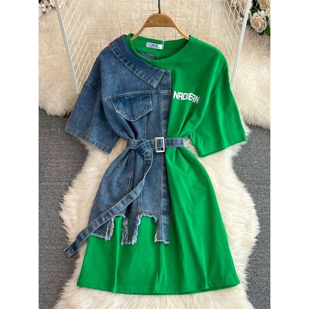 Hong Kong Style Waistband with Round Neck and Color Matching Denim Shirt, Spring New Chic Casual Mid Length Loose Novelty Denim Dress BOHO DRESS