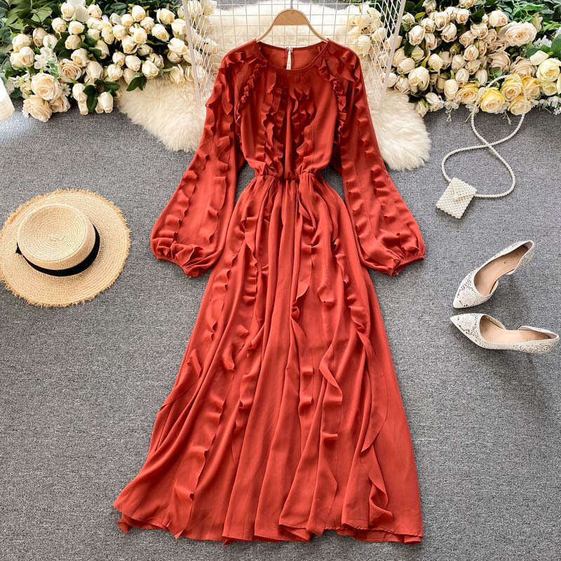 Fairy Gentle Style 2020 New Autumn/winter Design Sweet Auricular Edge Bubble Sleeves Holiday Long Dress Temperament Sexy Round Neck Dress Silk Dress