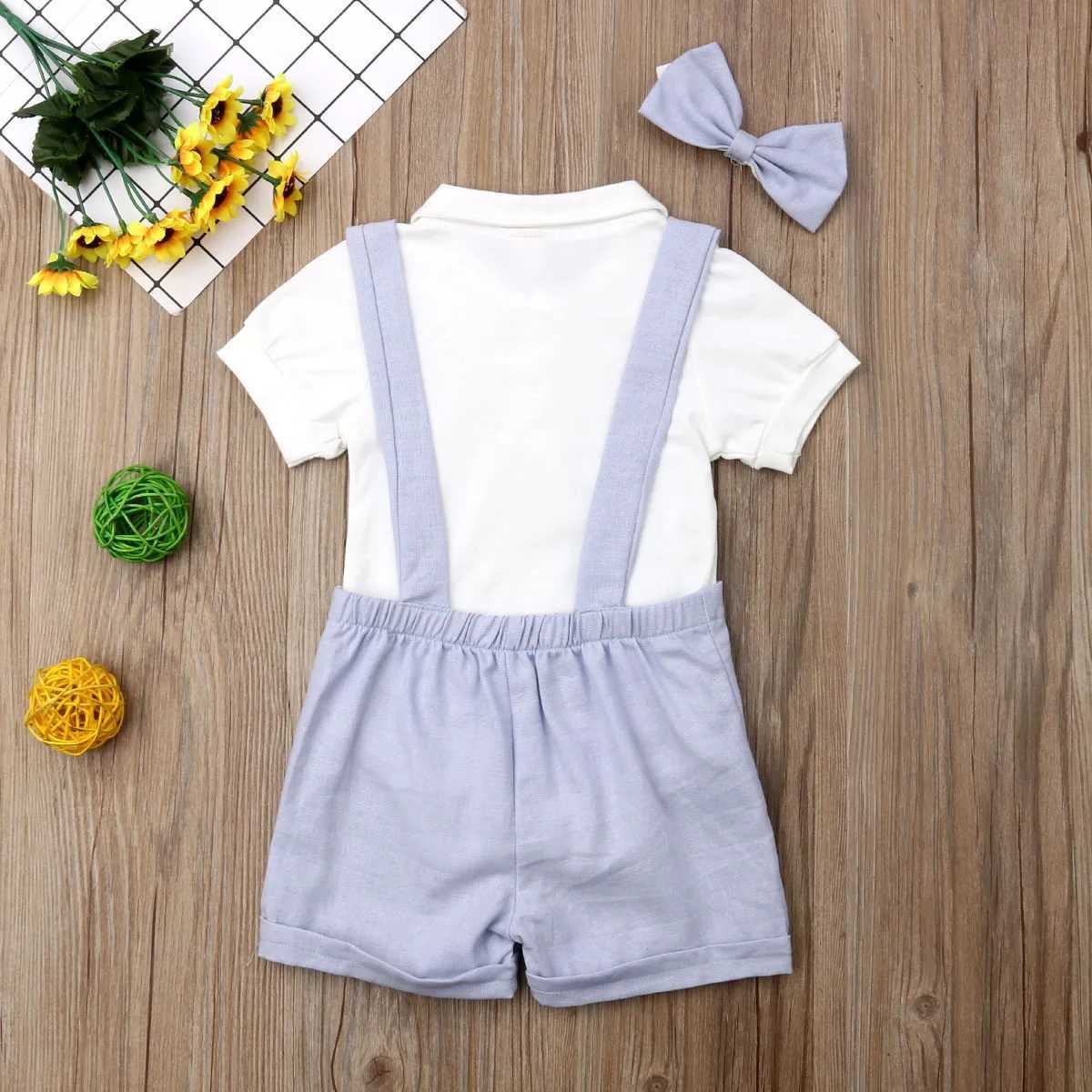 Clothing Sets Babys Gentleman Suit Boys Summer Short Sleeve Solid Color Romper Button Suspender Shorts Bow Tie 3pcs Infant Clothing
