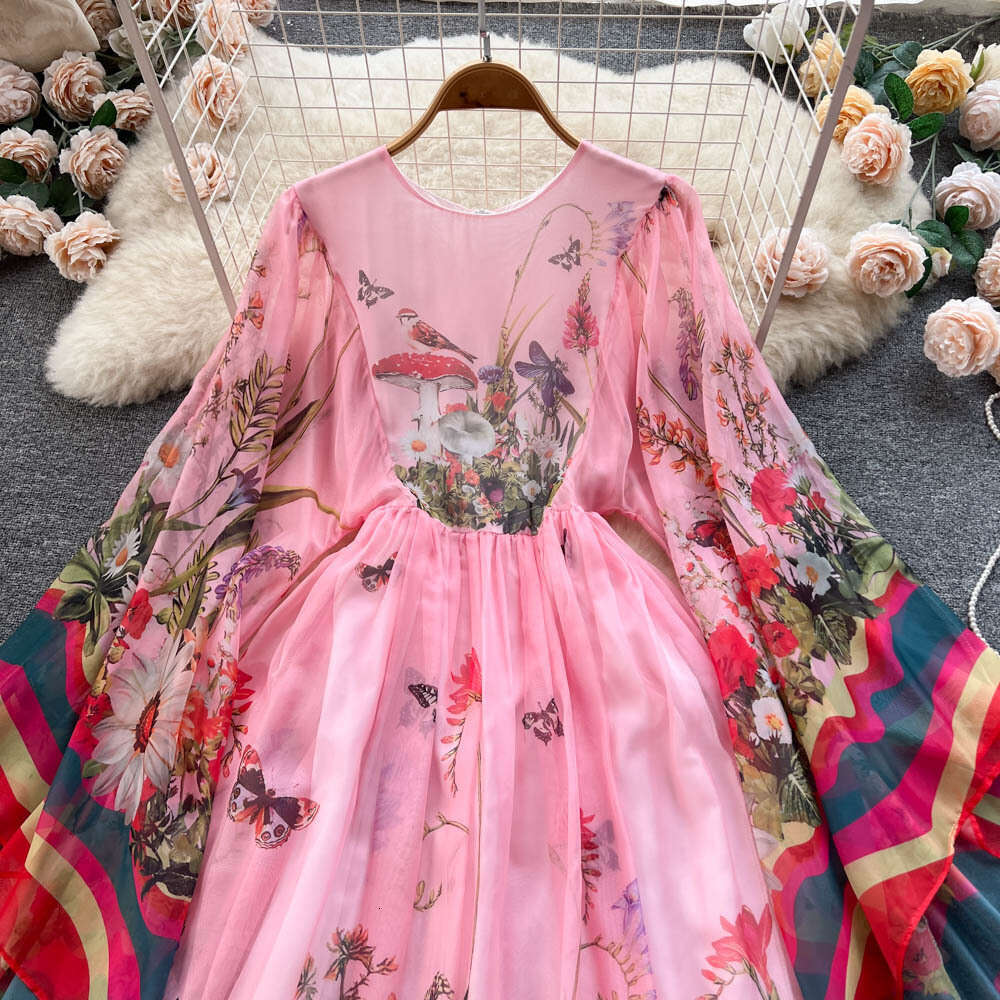 Spring and Autumn Fashion Palace Round Neck Horn Sleeve Lazy Loose Printed Western Style Long Dress Chiffon Floral Dress Sexy Waist Silk Dress