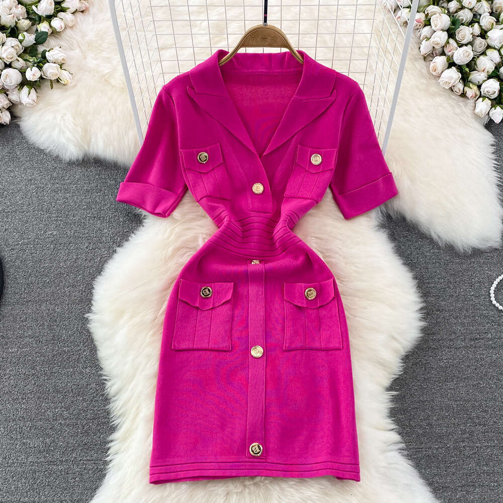 Elegant Small Figure Short Skirt That Covers the Butt, Womens Westernization, Age Reduction, Slimming Appearance, Ice Silk V-neck Knitted Dress with A