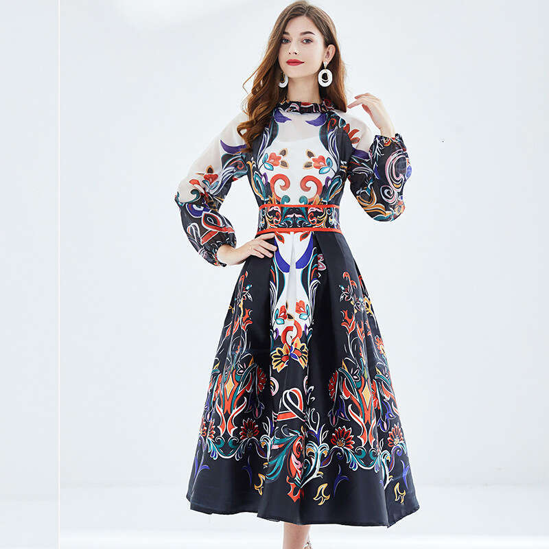 Wind Bright Silk Patchwork Lantern Long Sleeved Waist Positioning Printed Large Hem Fluffy Dress Waist Sexy Bifurcated Pregnant Womens Dress Oversize 