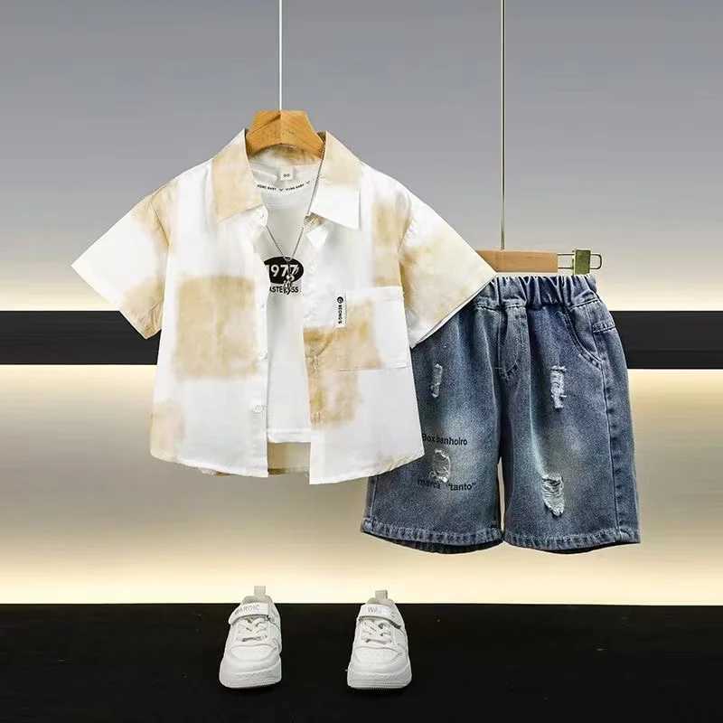 Clothing Sets Boys Short sleeved Shirt Set 2024 New Childrens Summer Top Baby Top Denim Shorts Boys Summer Shirt Two piece Set
