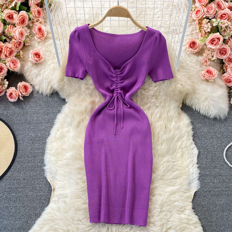 Square Neck Elastic Knitted Dress Summer New Korean Version Waist Cinching Slimming Temperament Drawstring Tight Fitting Hip Hugging Short Skirt Denim