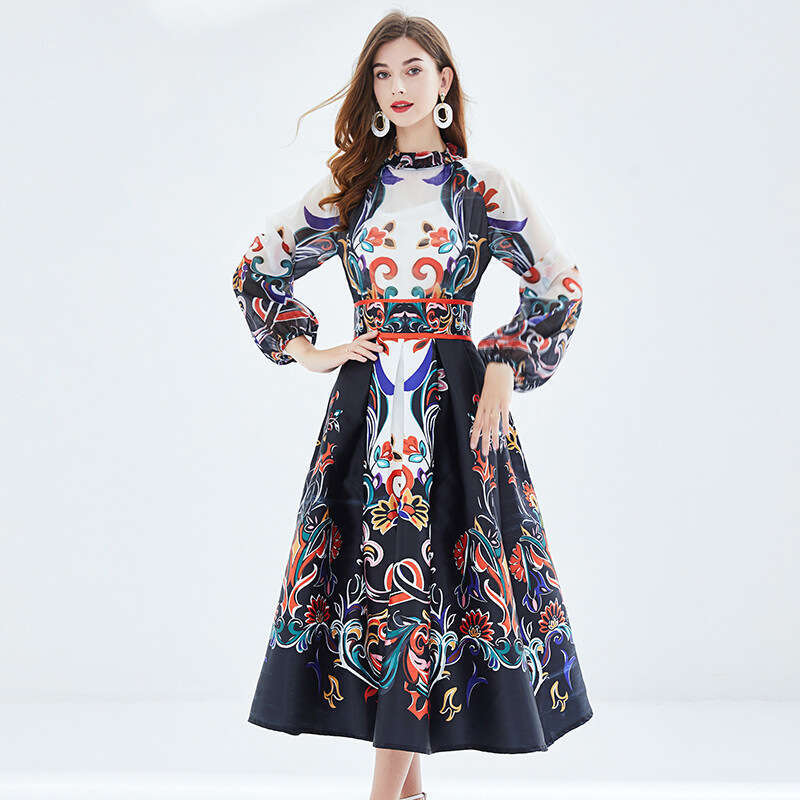 Wind Bright Silk Patchwork Lantern Long Sleeved Waist Positioning Printed Large Hem Fluffy Dress Waist Sexy Bifurcated Pregnant Womens Dress Oversize 