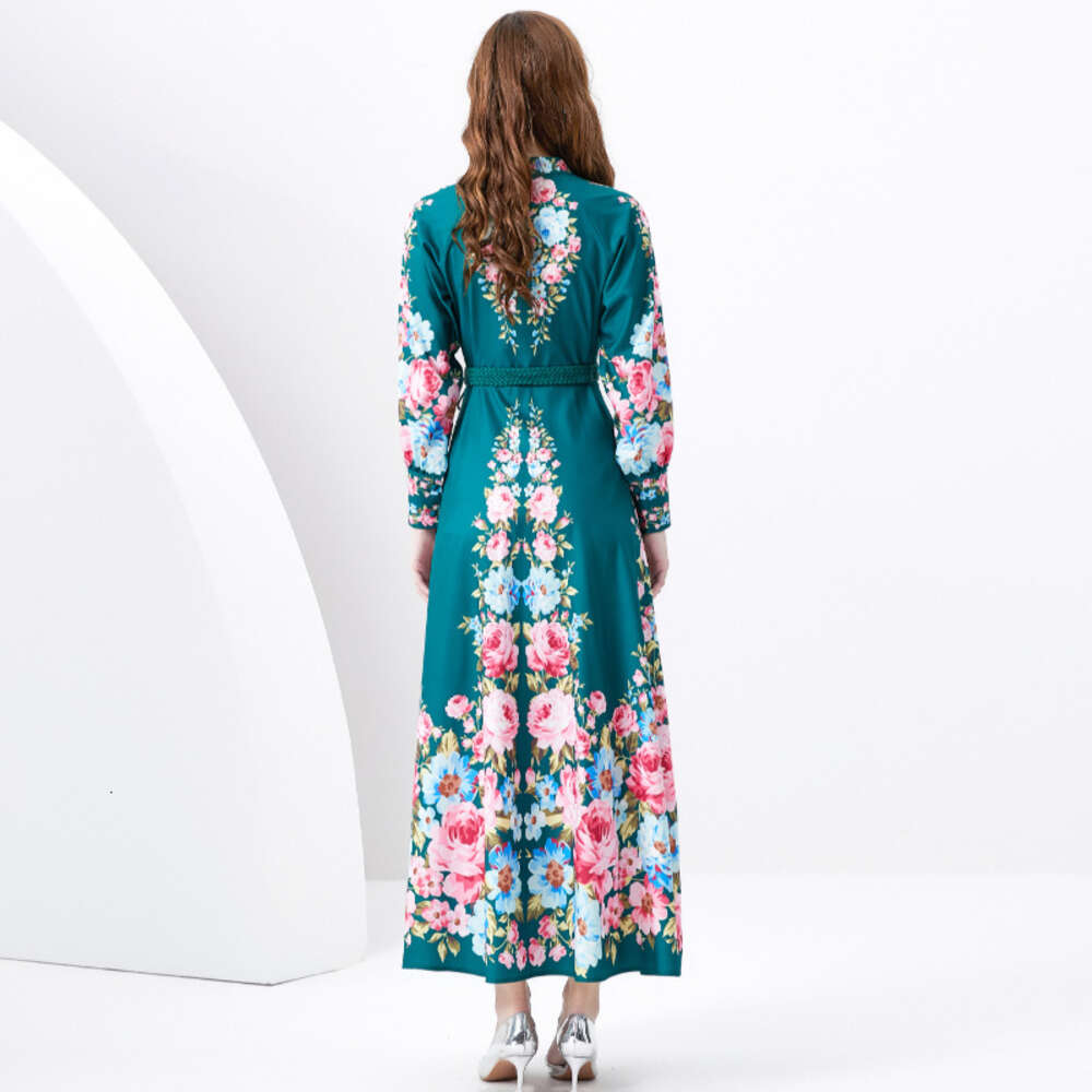 Wind 2024 Spring Vacation Style Stand Up Collar Single Breasted Lantern Sleeves Printed Wide Swing Long Dress Temperament Loose Waist Oversize Dress S