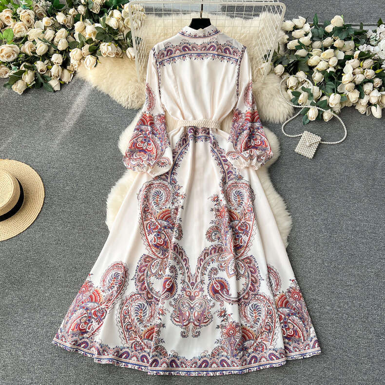 French Palace Style Design with Printed Slim Fit Long Bubble Sleeves, High-end and Exquisite Dress Self-cultivation Novelty Short High Waist Dress