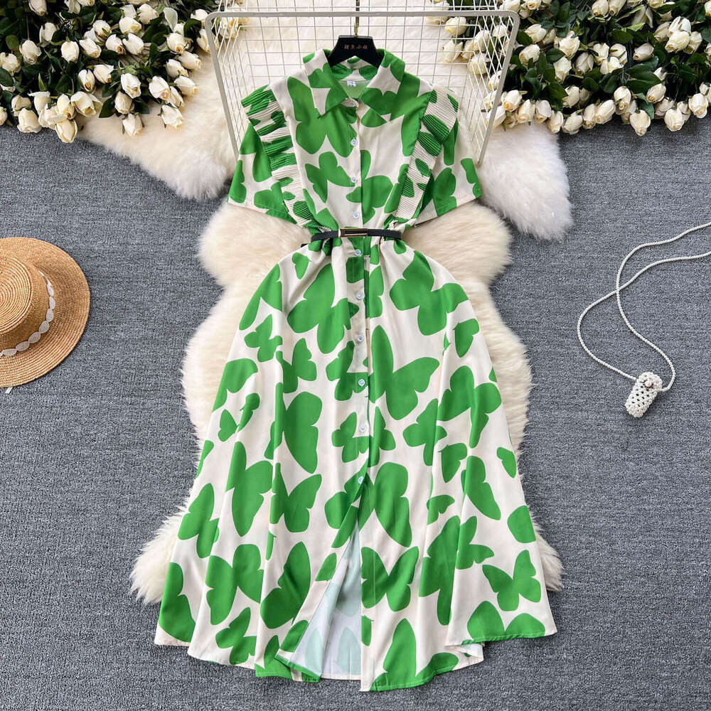 Light Mature Style, Niche Womens Clothing, Dress, Summer New Design, Wooden Ear Edge, Waist Cinching Print, Elegant Long Skirt Sexy Short Oversize Dre