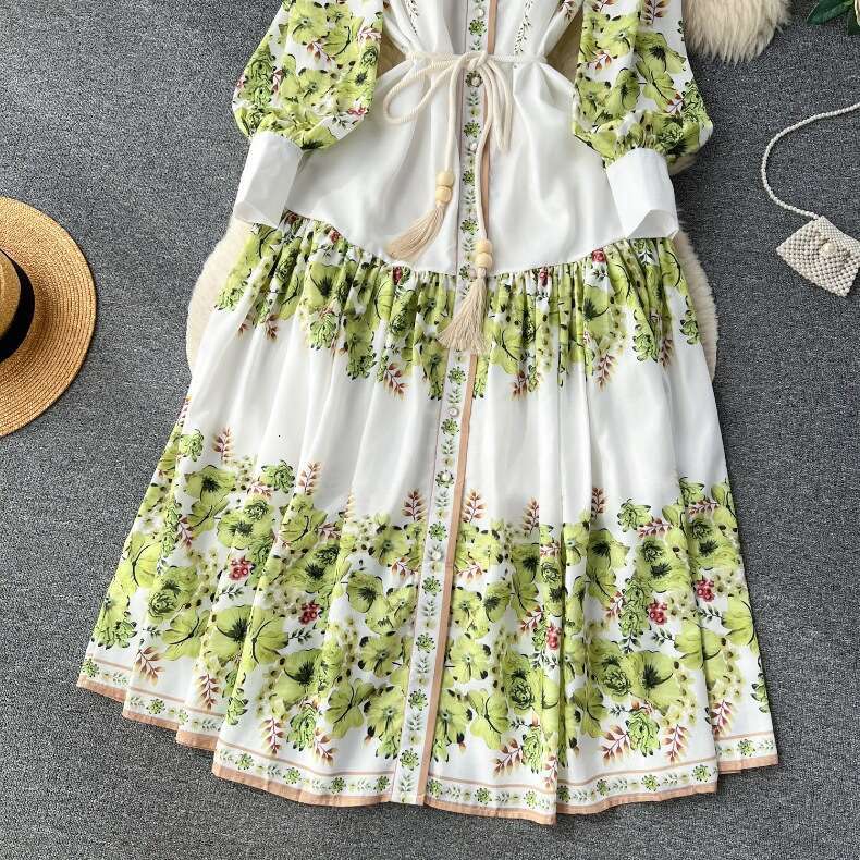 New French Style Lapel Lantern Sleeve Printed Dress Women with Tie Up Waist for Slimming and Elegant Dressing Long Summer Dress Short Bifurcated SKINN