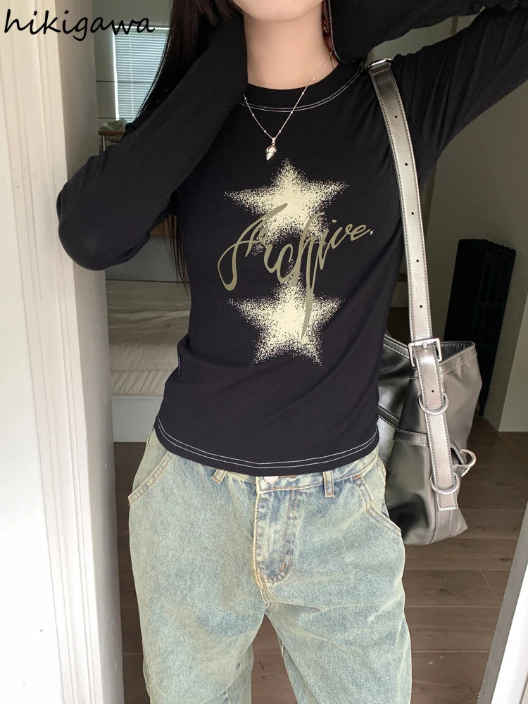 Star Print Woman Tshirts Long Sleeve Tunic Crop Tops O-neck Fashion Tees Ropa Mujer Casual Korean Y2k T Shirt Women Clothes 240715