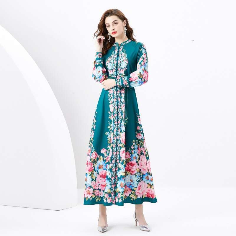 Wind 2024 Spring Vacation Style Stand Up Collar Single Breasted Lantern Sleeves Printed Wide Swing Long Dress Temperament Loose Waist Oversize Dress S