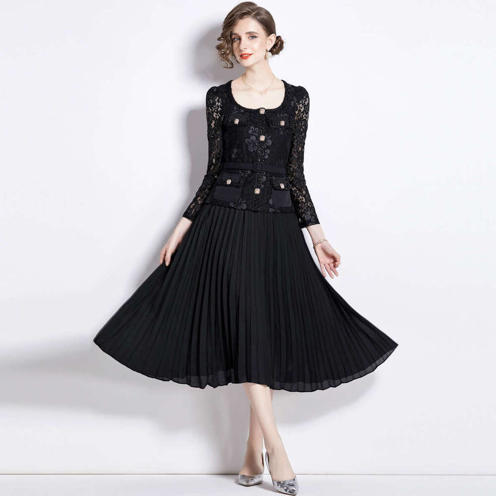 French Small Fragrant Style for Women with A High-end Feel. Heavy Work Nail Bead Metal Buckle Square Neck Lace Patchwork Pleated Fairy Dress Silk Dres