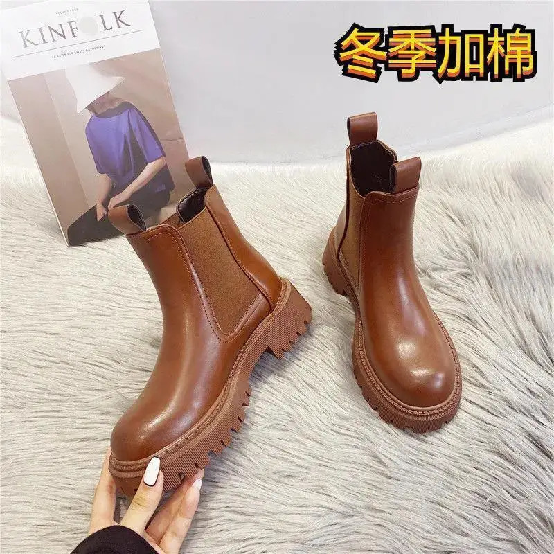 Brown Black Winter Platform Autumn Ankle Boots for Women Retro Fur Short Chunky Punk Shoes