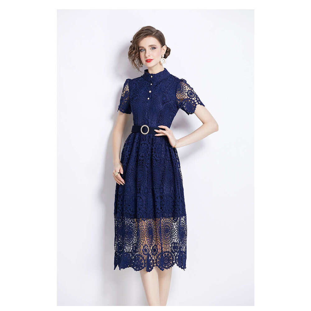 French Style Temperament Summer Female Niche, Water-soluble Lace Slim Fit Long Short Sleeved Dress, Can Be Worn on Weekdays Short Loose Lace Dress BOH