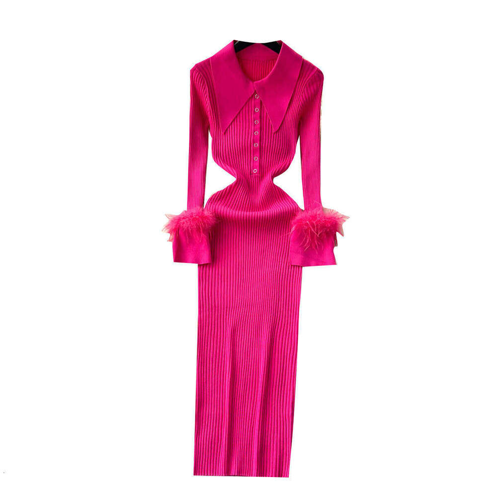Light Luxury Socialite Style Knitted Dress, Womens Autumn and Winter Lapel, Feather Tight Fitting, High-end Feeling, Niche Temperament Dress Dres BOHO