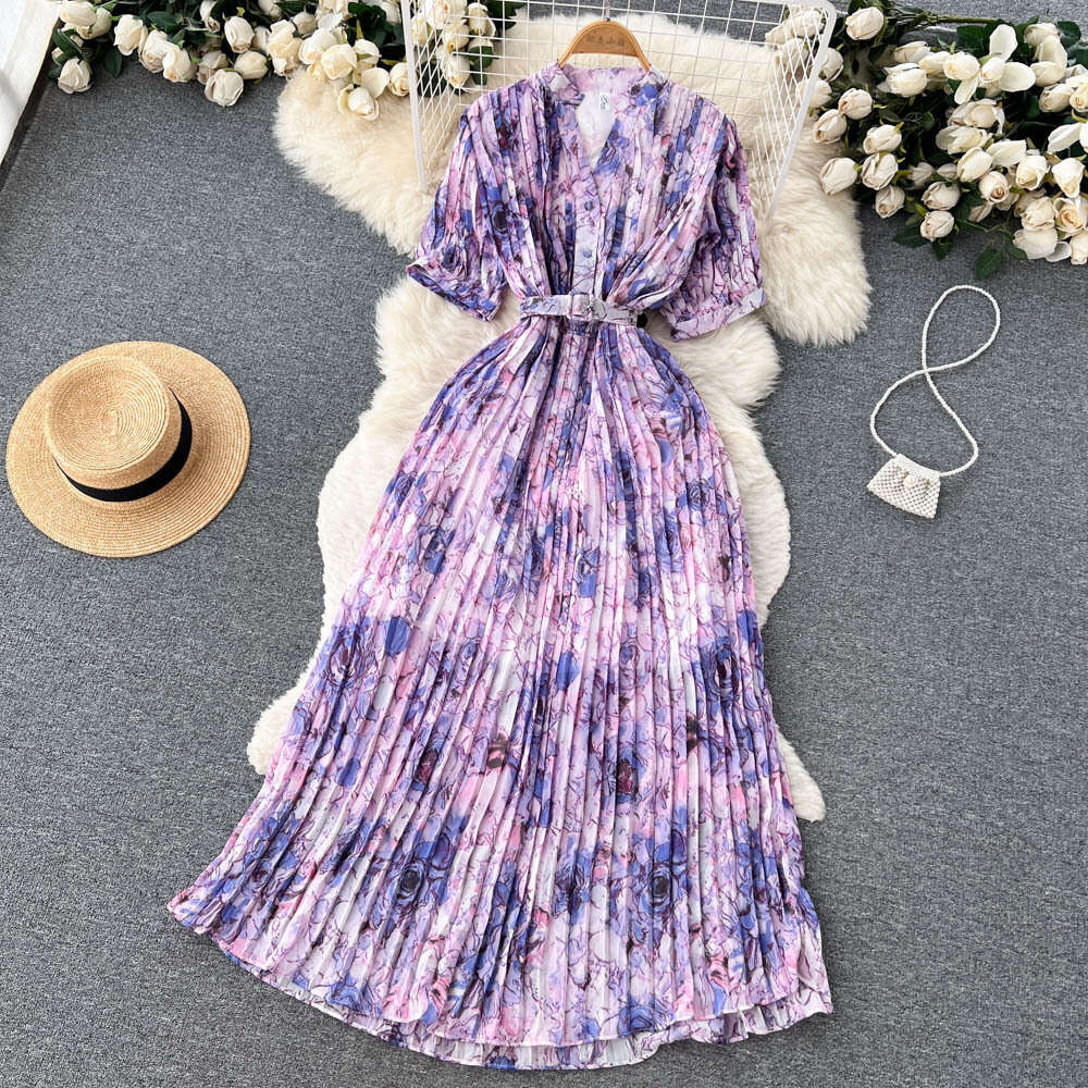 French Waistband with Slimming Design and A Small Crowd Pressure Pleated Bubble Sleeve Dress for Womens Clothing Korean Style Floral Long Skirt Oversi