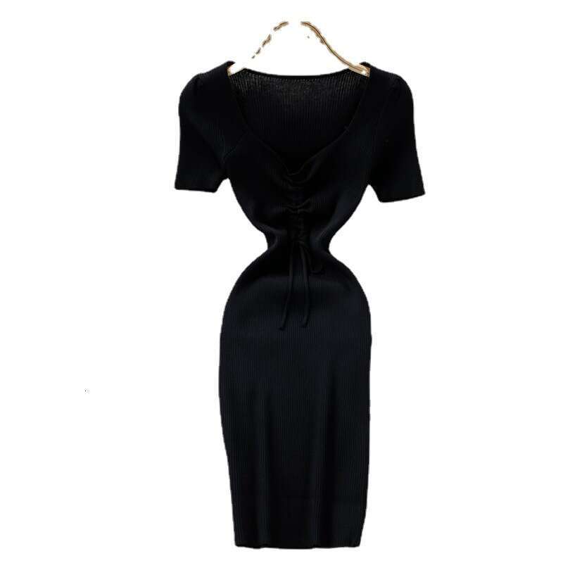 Square Neck Elastic Knitted Dress Summer New Korean Version Waist Cinching Slimming Temperament Drawstring Tight Fitting Hip Hugging Short Skirt Denim