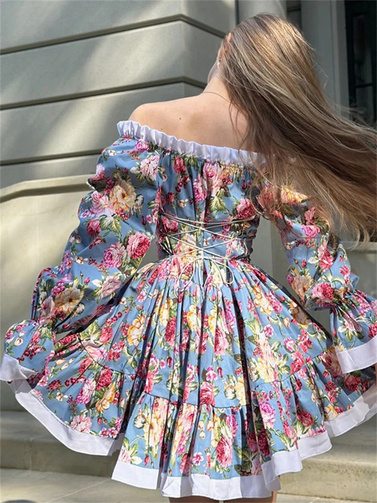 Tossy Ruffled Printed LaceUp Mini Dress Womens VNeck Patchwork High Waist Bandage Fashion Backless Ladies Summer 240712